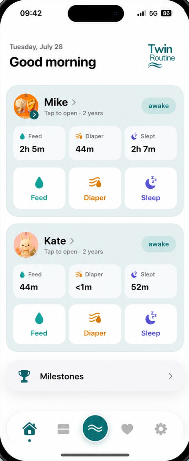 TwinRoutine home screen showing both twins side by side